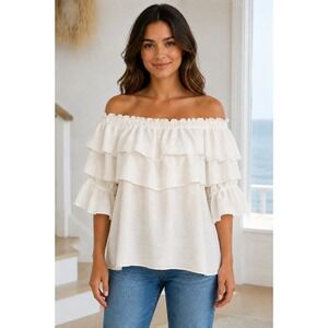 White Off The Shoulder Ruffle Tiered Crepe Blouse Medium Boho Romantic Top